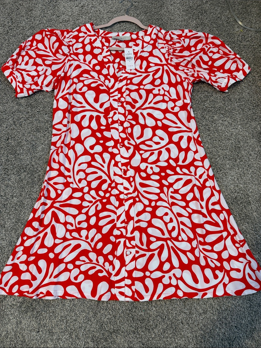 LOFT NWT Medium Reddish Orange and White Button Front S/S Dress,
